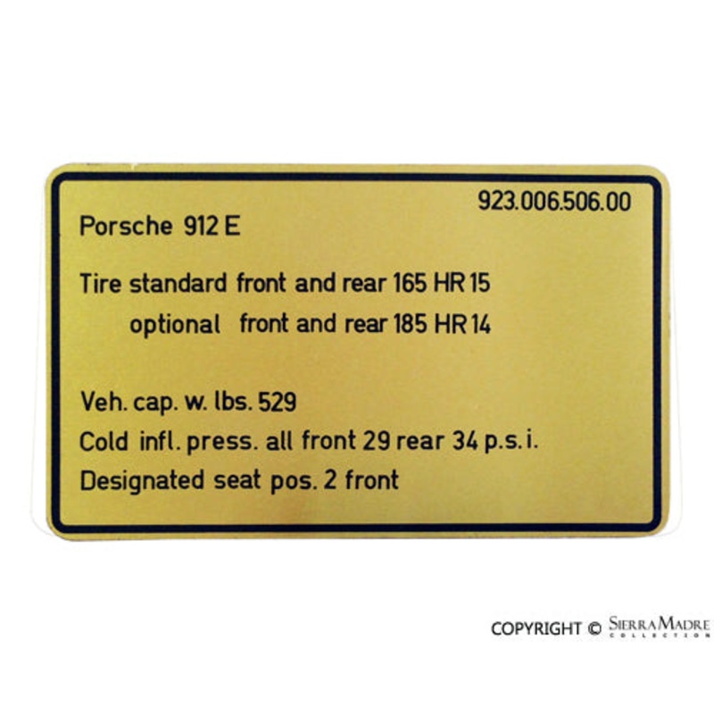 Tire Pressure Decal – 912E – 1976